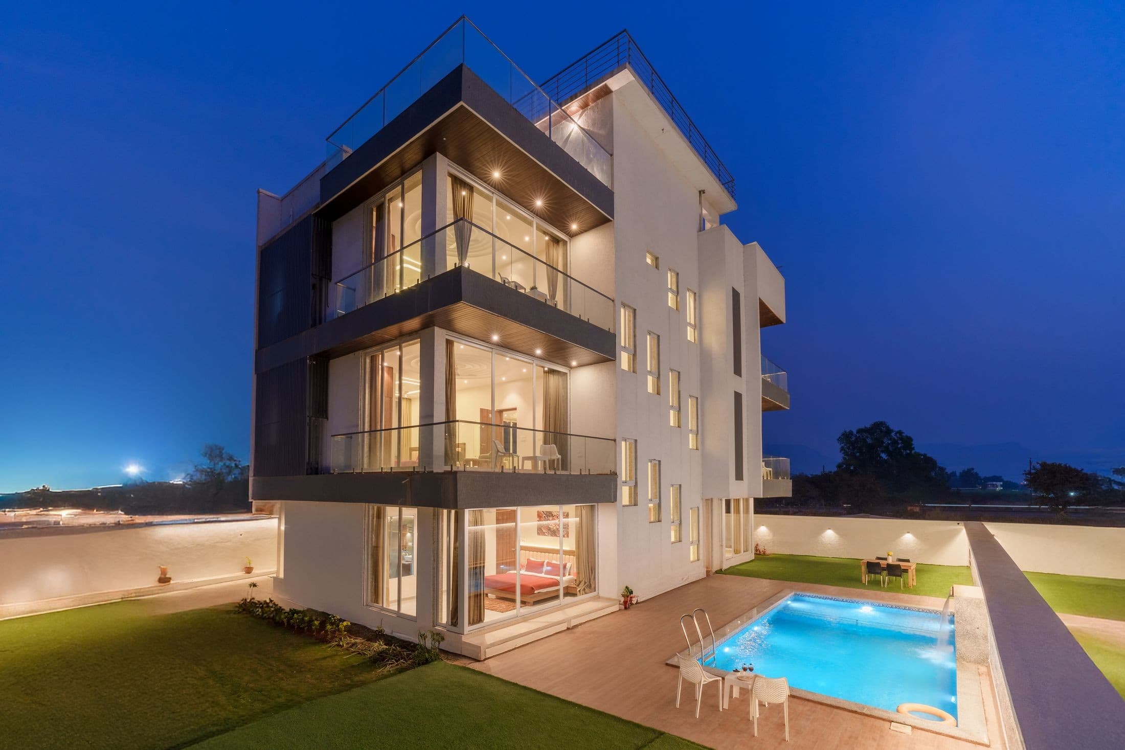 Modern home photographed at blue hour